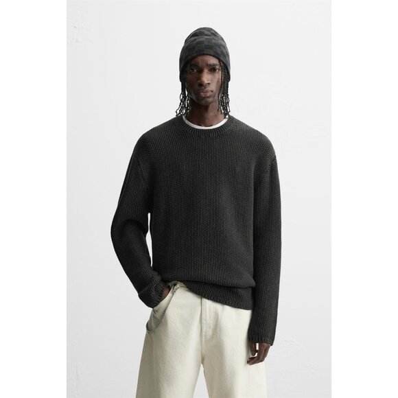 Zara Mens Chunky Sweater M Black Relaxed Fit Pullover Long Sleeve 3284/420 NWOT - Picture 1 of 13